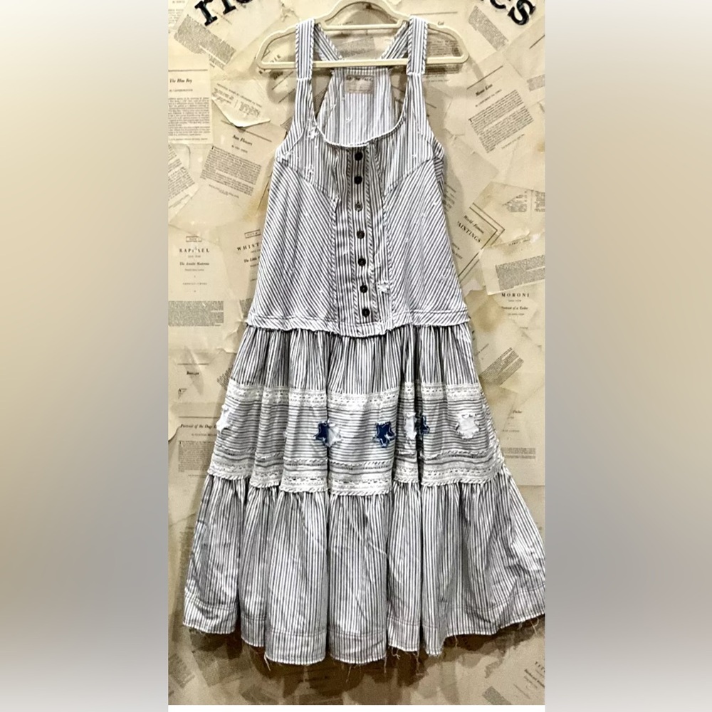 Free People Maxi Dress Railroad Stripes Applique Stars Crochet Tier SAMPLE
